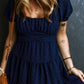 Navy Blue Swiss Dot Jacquard Puff Sleeve Crossover Tied Tiered Dress