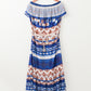 Blue Ethnic Print Ruffle Strapless Tie Waist Maxi Dress