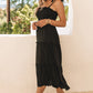 Black Tie Strap Smocked Frill Tiered Midi Dress