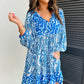 Sky Blue Bohemian Print Puff Sleeve Tied V Neck Flared Mini Dress