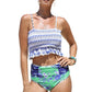 Blue Printed Smocked High waisted swimsuits