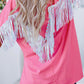 Rose Red Sequined Fringe Wing High-low Hem T-shirt