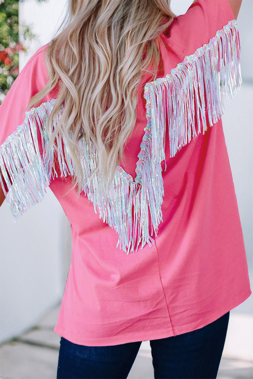 Rose Red Sequined Fringe Wing High-low Hem T-shirt