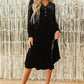 Black Velvet Buttoned Puff Sleeve V Neck Split Midi Dress