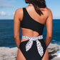 Black Asymmetric Cutout Belted One-piece Swimwear