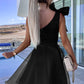 Black Bowtie One-shoulder Tulle Overlay Skater Dress