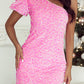 Pink Sequin One Shoulder Puff Sleeve Bodycon Mini Dress