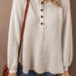 Oatmeal Waffle Knit Buttoned Front Raglan Sleeve Loose Blouse