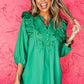 Bright Green Embroidered Ruffled Trim 3/4 Sleeve V Neck Mini Dress