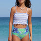 Blue Printed Smocked High waisted swimsuits