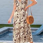 Brown Ruffled V Neck Leaves Print Long Dress