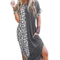 Gray Contrast Solid Leopard Short Sleeve T-shirt Dress with Slits