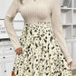 Beige Ribbed Knit Patchwork Printed Belted A-line Dress