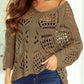 Khaki Hollowed Knit V Neck Dolman Sleeve Sweater