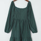 Green Ruched Square Neck Puff Sleeve Mini Dress