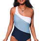 Sky Blue Color Block One Shoulder Backless One-piece Swimwear