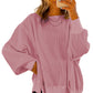 Pink Waffle Knit Bishop Sleeve Split Oversized Sweatshirt