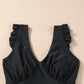 Black Ruffled Trim Ruched One Piece Bathing Suit