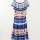 Blue Ethnic Print Ruffle Strapless Tie Waist Maxi Dress