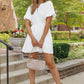 White Puff Sleeve Drawstring Shirt Dress with Pockets