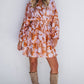 Brown Floral Puff Sleeve Smocked Waist Layered Dress