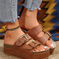 Chestnut Dual Buckle Studded Platform Sandal Slippers