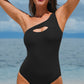 Black Ribbed One Shoulder Hollowed One Piece Swimsuit