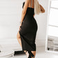 Black Rhinestone Straps Feather Trim Bodycon Midi Dress with Slit