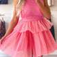 Strawberry Pink Gauze Ruffle Tiered Knotted Halter Dress