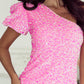 Pink Sequin One Shoulder Puff Sleeve Bodycon Mini Dress