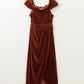 Chestnut Velvet Off Shoulder Pleated Wrap Evening Dress