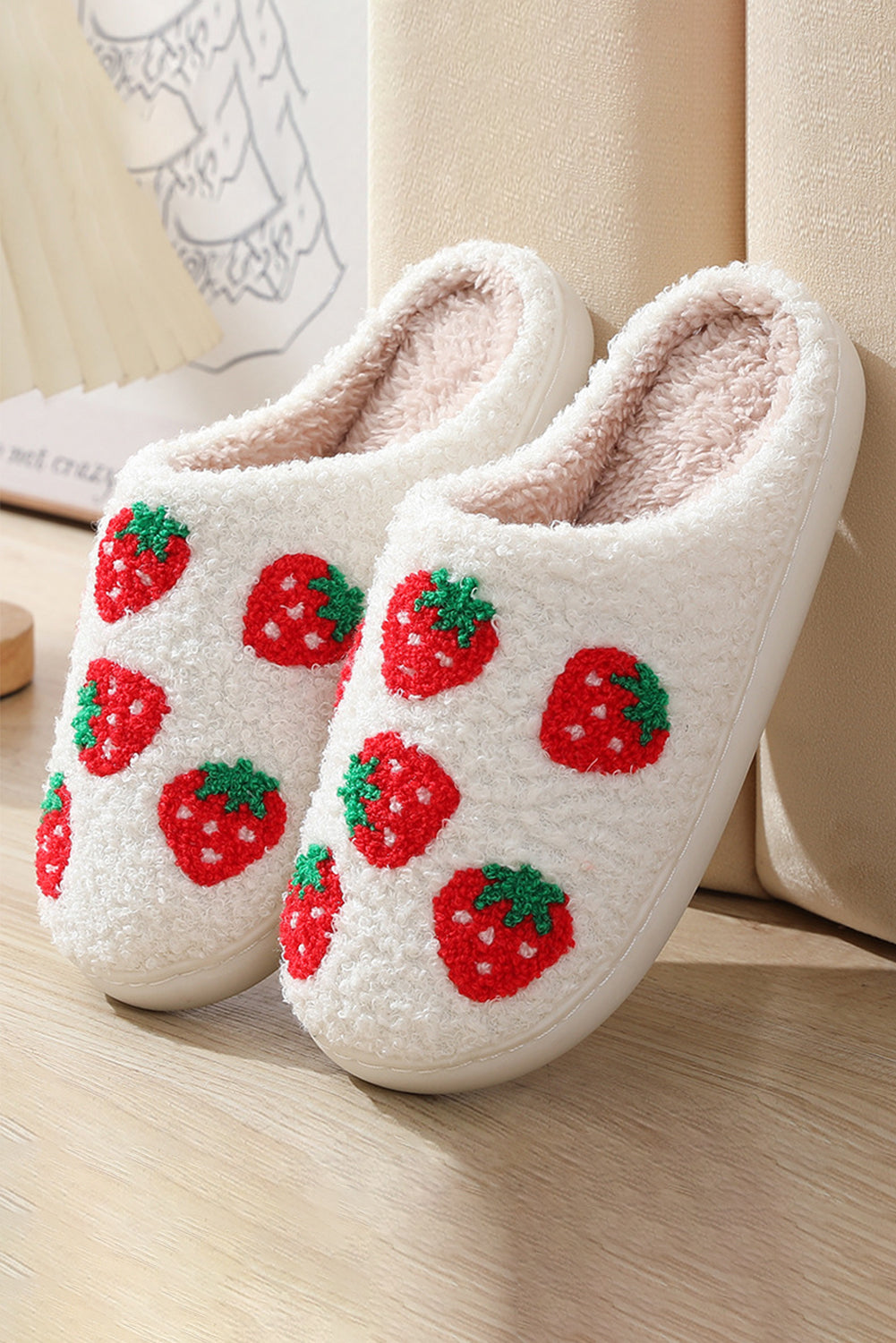 White Cute Fuzzy Strawberry Pattern Home Slippers