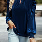 Sky Blue Fiery Mock Neck Puff Sleeve Velvet Blouse