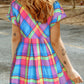 Light Blue Multicolor Plaid Short Sleeve Babydoll Mini Dress