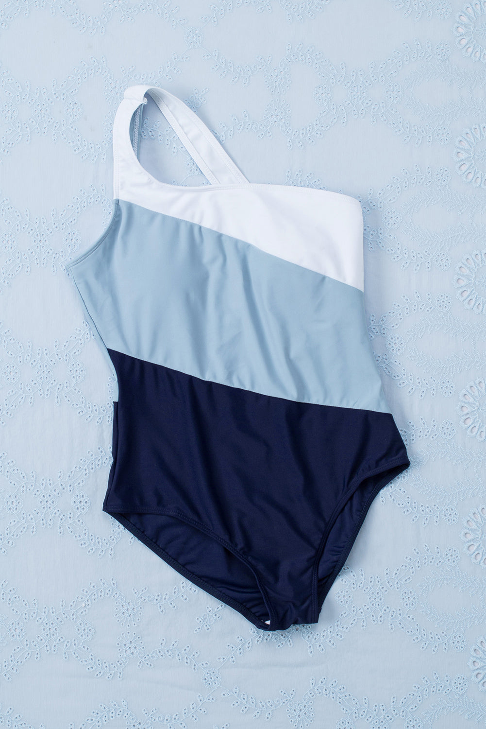 Sky Blue Color Block One Shoulder Backless One-piece Swimwear