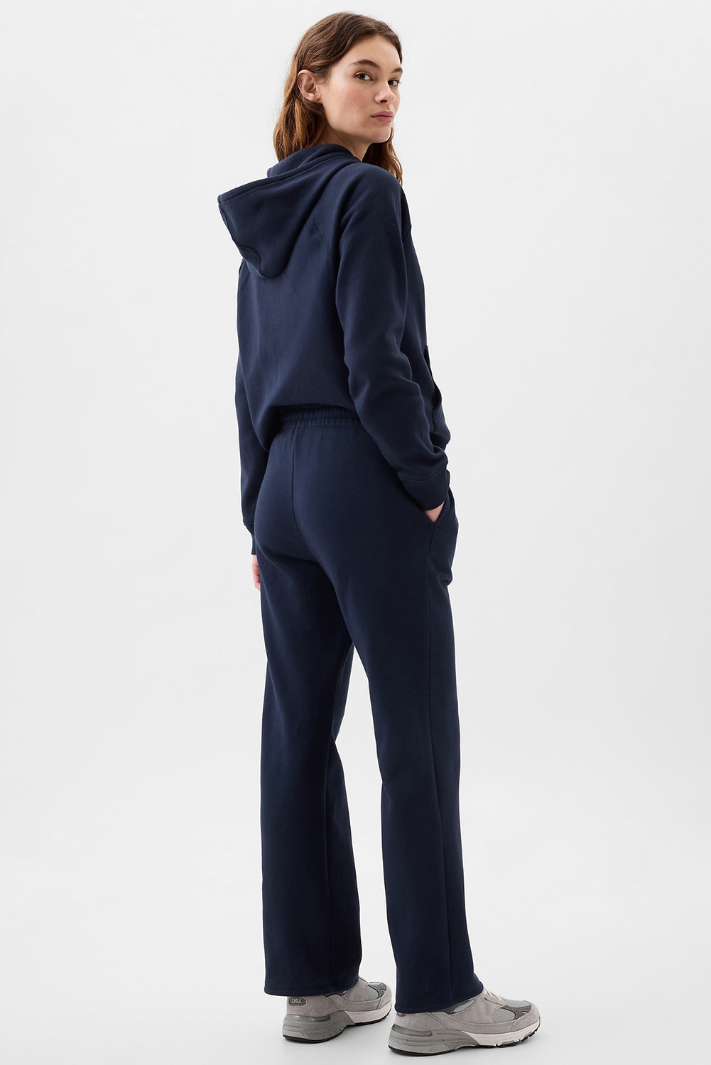 Navy Blue Solid Color Drawstring Waist Casual Straight Pants