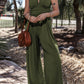 Moss Green Sleeveless V Neck Ruched Wide Leg Jumpsuit