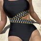 Black Zigzag Accent Cutout One Shoulder Teddy Swimwear