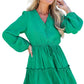 Sea Green Frilly V Neck Puff Sleeve Drawstring Shift Mini Dress