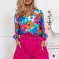 Multicolor Floral Print V Neck 3/4 Sleeve Blouse