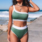 Green One Shoulder Patchwork High-waisted Bikini Set