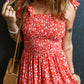 Red Boho Floral Self Tie Straps Smocked Bodice Long Dress