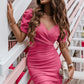 Rose Red V Neck Wrap Bubble Sleeved Ruched Bodycon Dress