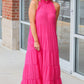 Rose Red High Frilled Neck Tiered Sleeveless Maxi Dress