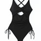 Black Ribbed Sexy Cutout Ruched Monokini