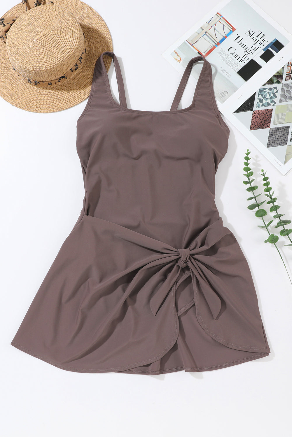 Coffee Knotted Split Skirt One Piece Swim Dress