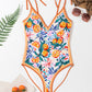 Orange Fruit Plant Print Tied Straps V Neck One Piece Swimsuit