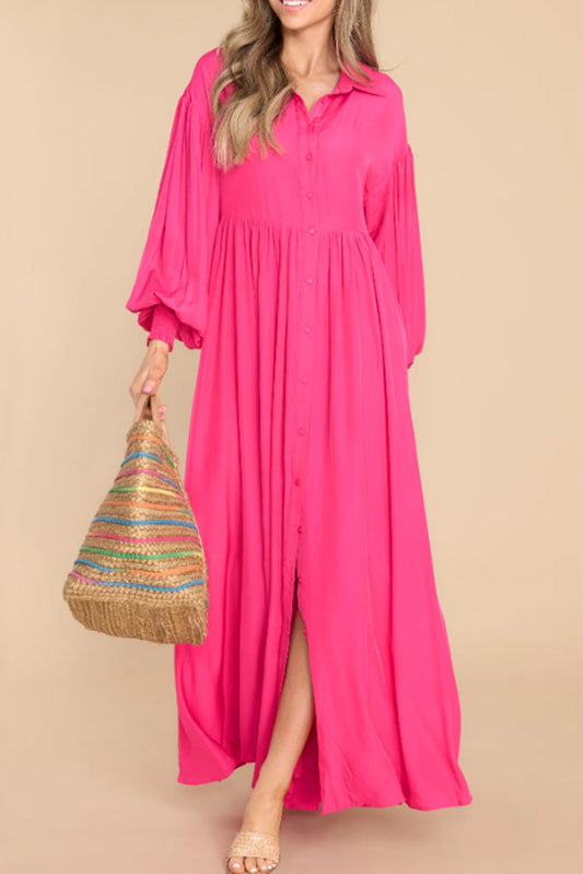 Rose Bubble Sleeve Shirt Maxi Dress