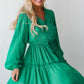 Sea Green Frilly V Neck Puff Sleeve Drawstring Shift Mini Dress