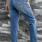 Sky Blue Sequin Pumpkin Patched Distressed Straight Leg Jeans